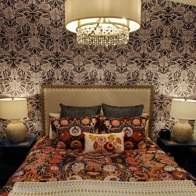 Re-sharing one of my favorite projects for some of my most favorite people. @bcastillogarza and @vggarza. 

Embracing their Mexican heritage through bold, modern patterns and curated vintage accessories, I designed their primary bedroom to be cozy, welcoming, elegant, unexpected and more aligned with who they are. 🥰

My favorites are the mother of pearl chandelier, the pair of framed 1800s floral etchings and the ironing board nook-turned accessory shelves. ❤️‍🔥